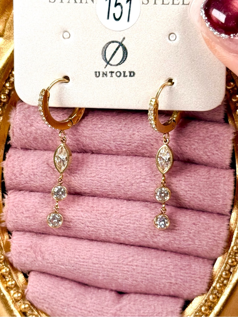 #151 Stainless Steel Hoop Earrings Gold Plated Zircon Pendent Drop Earring